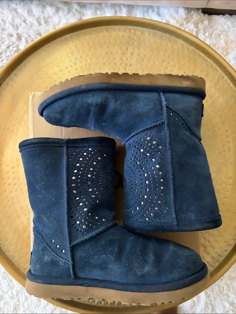 UGG Navy Perforated Suede Short Boot with Shearling